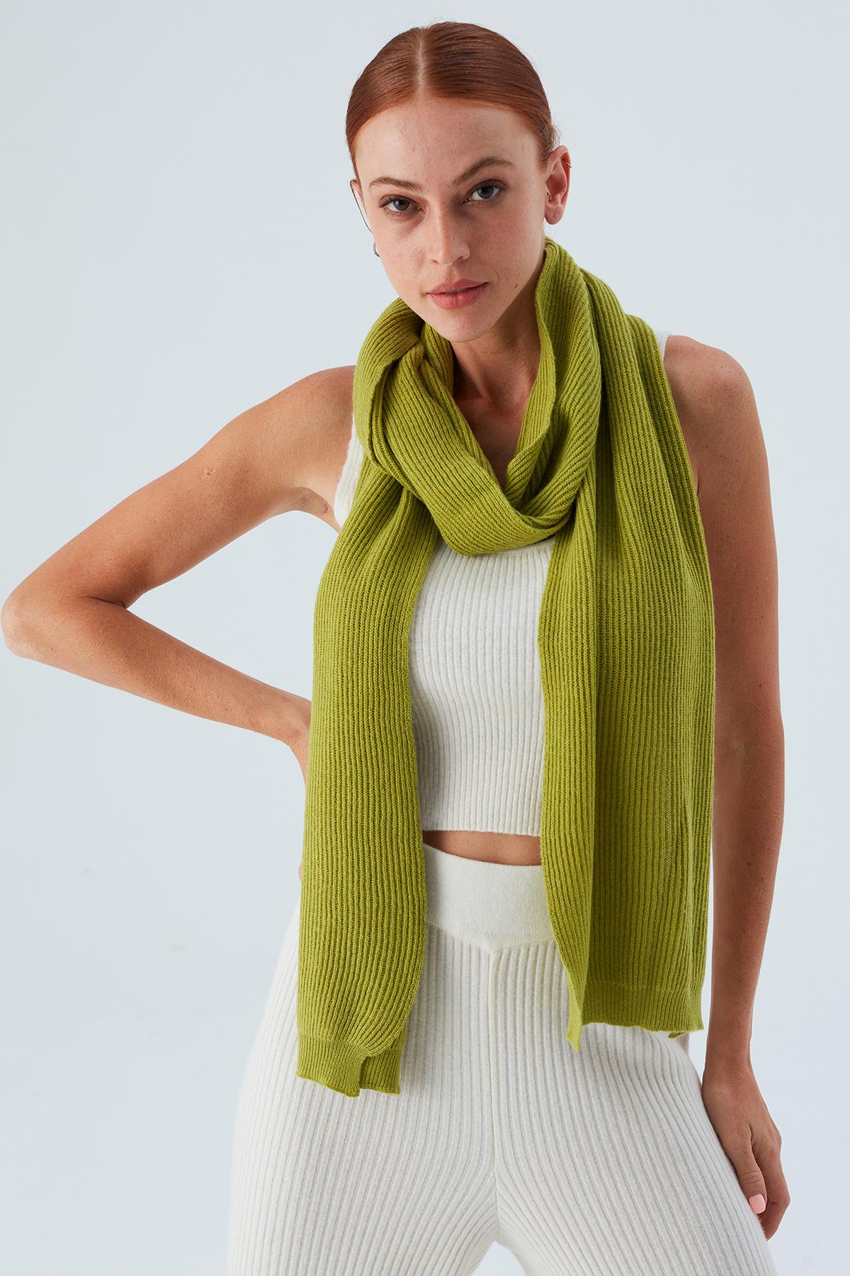Peraluna Nomi Scarf Selanik Örgü Kaşmir Karışımlı Yumuşak Kadın Triko Atkı - Yeşil