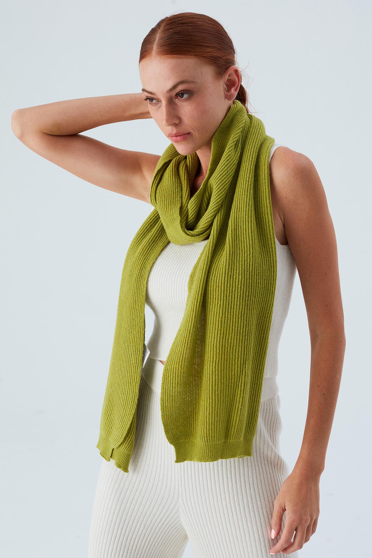 Peraluna Nomi Scarf Selanik Örgü Kaşmir Karışımlı Yumuşak Kadın Triko Atkı - Yeşil
