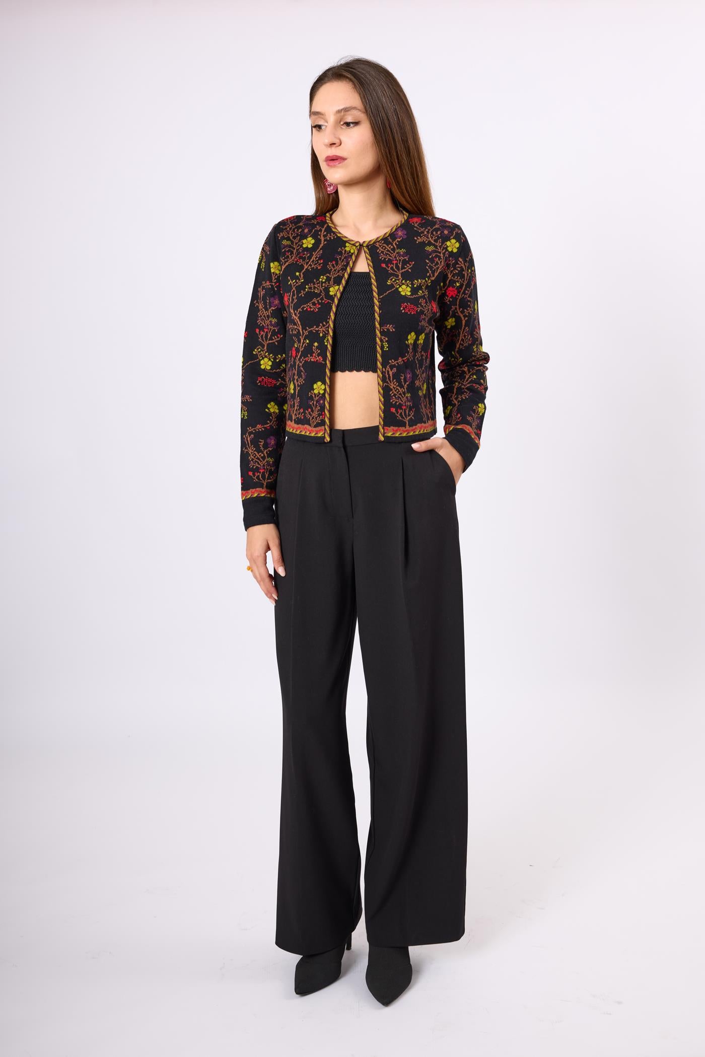 Peraluna-Nostalgia Çiçek Desenli Kadın Krop Hırka Siyah/Multi-Kazak & Triko-1-Milagron.com