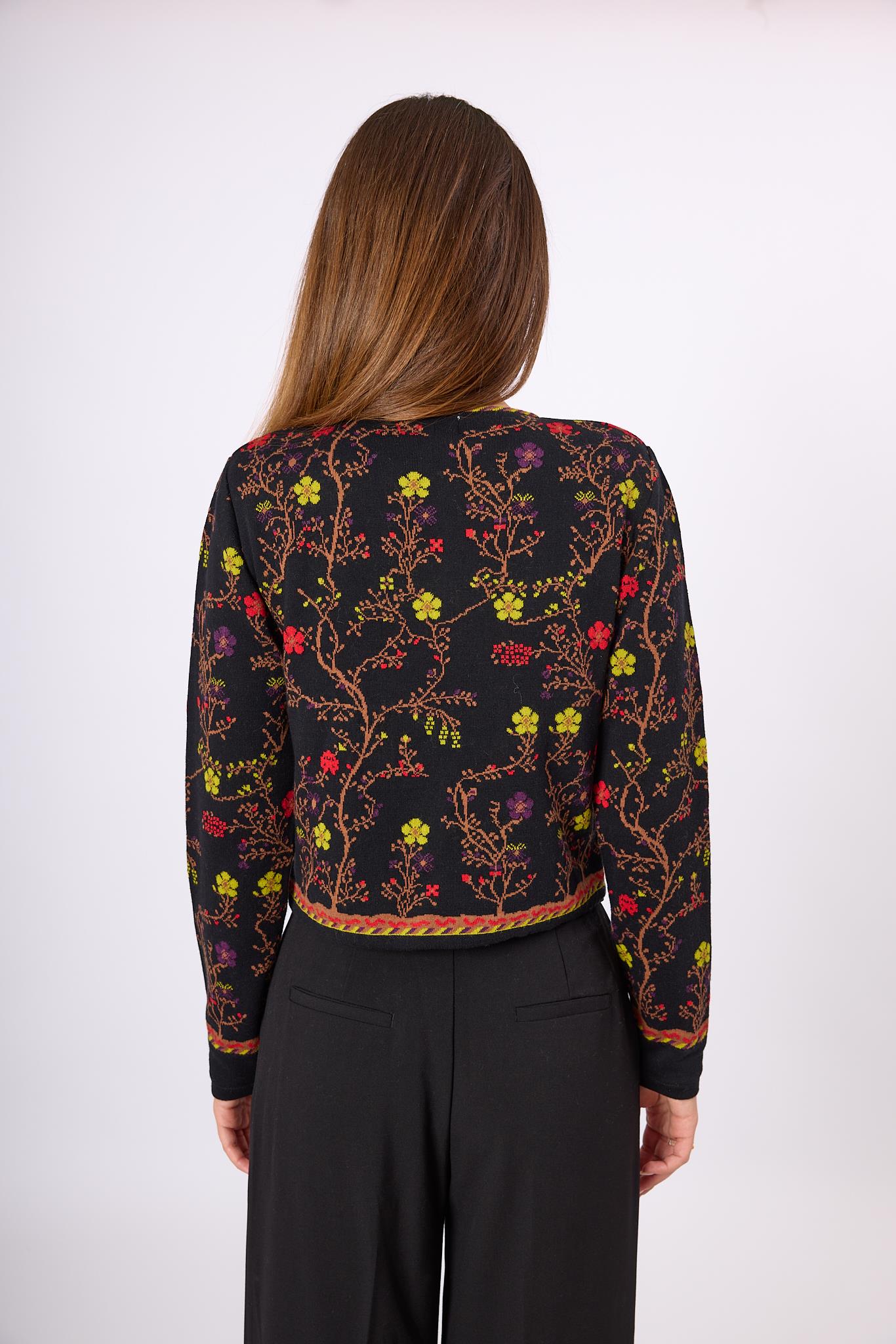 Peraluna-Nostalgia Çiçek Desenli Kadın Krop Hırka Siyah/Multi-Kazak & Triko-10-Milagron.com
