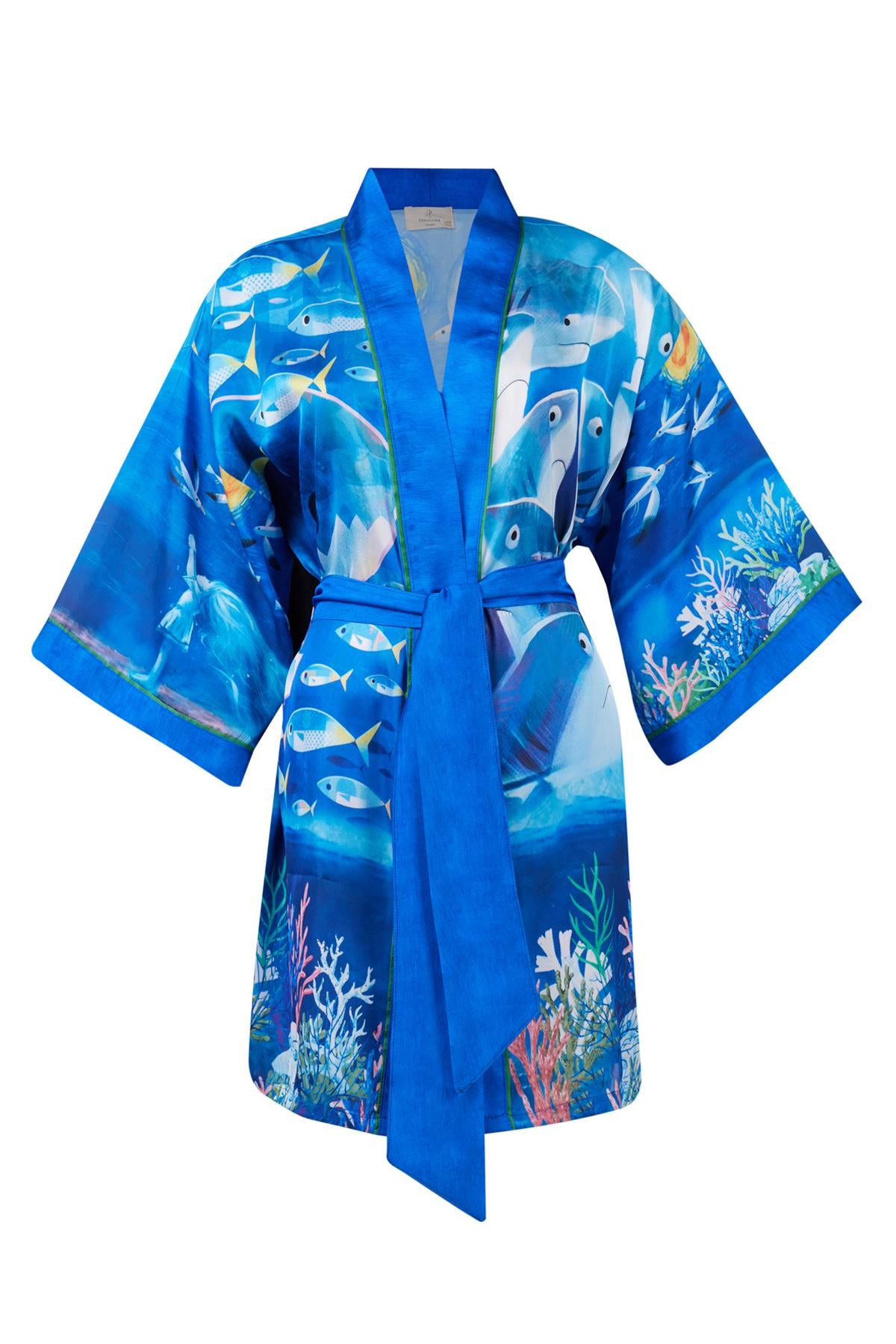 Peraluna-Ocean Story Short Kimono Balık Kuş Ve Kız çocuk Baskılı 90 Cm Kısa Saten Kadın Kimono Deniz Mavisi-Kimono-8-Milagron.com