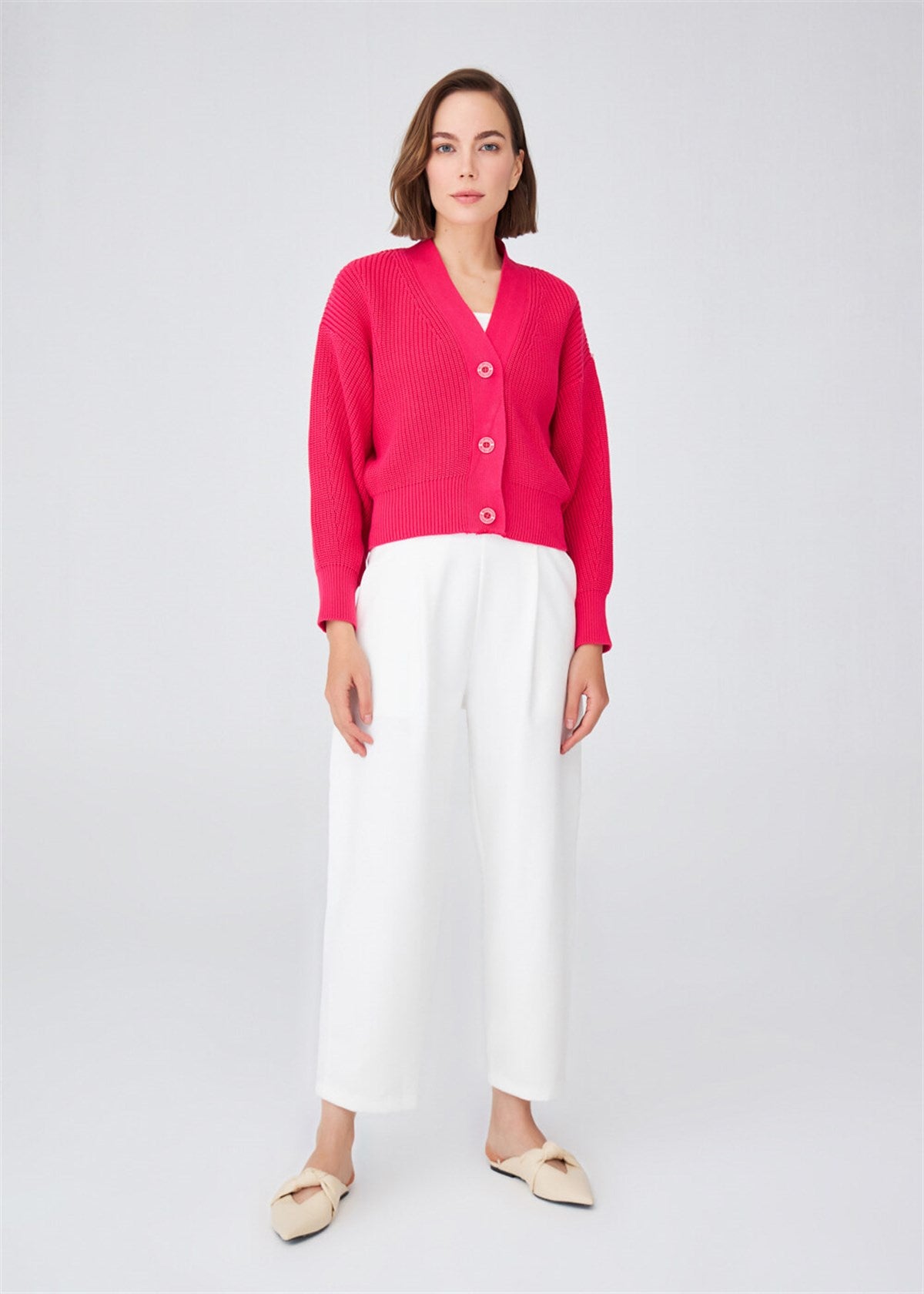 Peraluna Olivia Cardigan Selanik Örgü %100 Pamuk V Yaka Kadın Triko Hırka - Azalea Pink