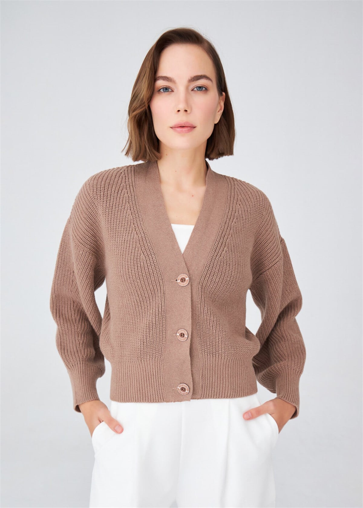 Peraluna Olivia Cardigan Selanik Örgü %100 Pamuk V Yaka Kadın Triko Hırka - Camel Melanj