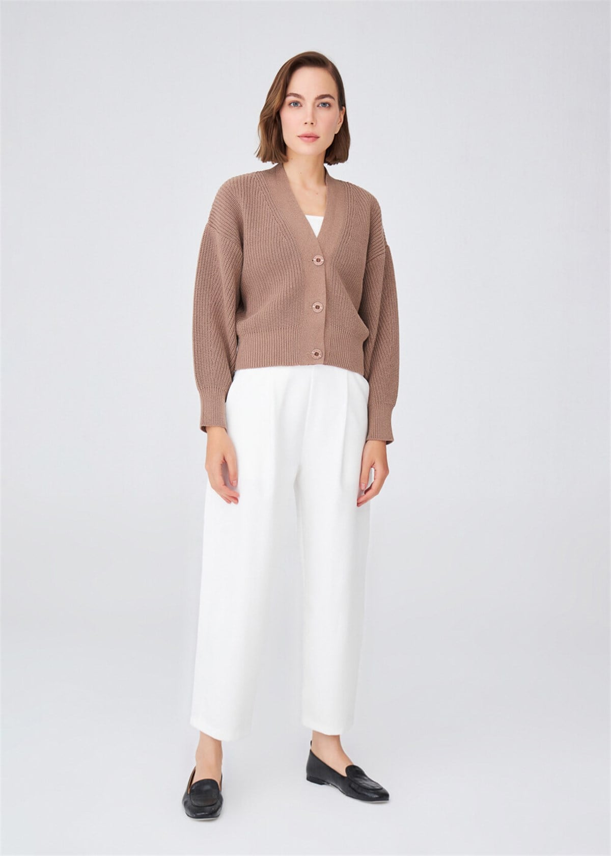 Peraluna Olivia Cardigan Selanik Örgü %100 Pamuk V Yaka Kadın Triko Hırka - Camel Melanj
