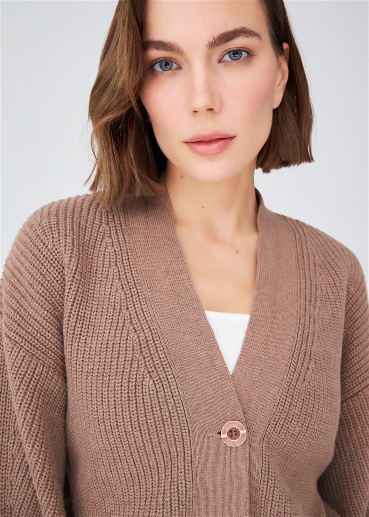 Peraluna Olivia Cardigan Selanik Örgü %100 Pamuk V Yaka Kadın Triko Hırka - Camel Melanj
