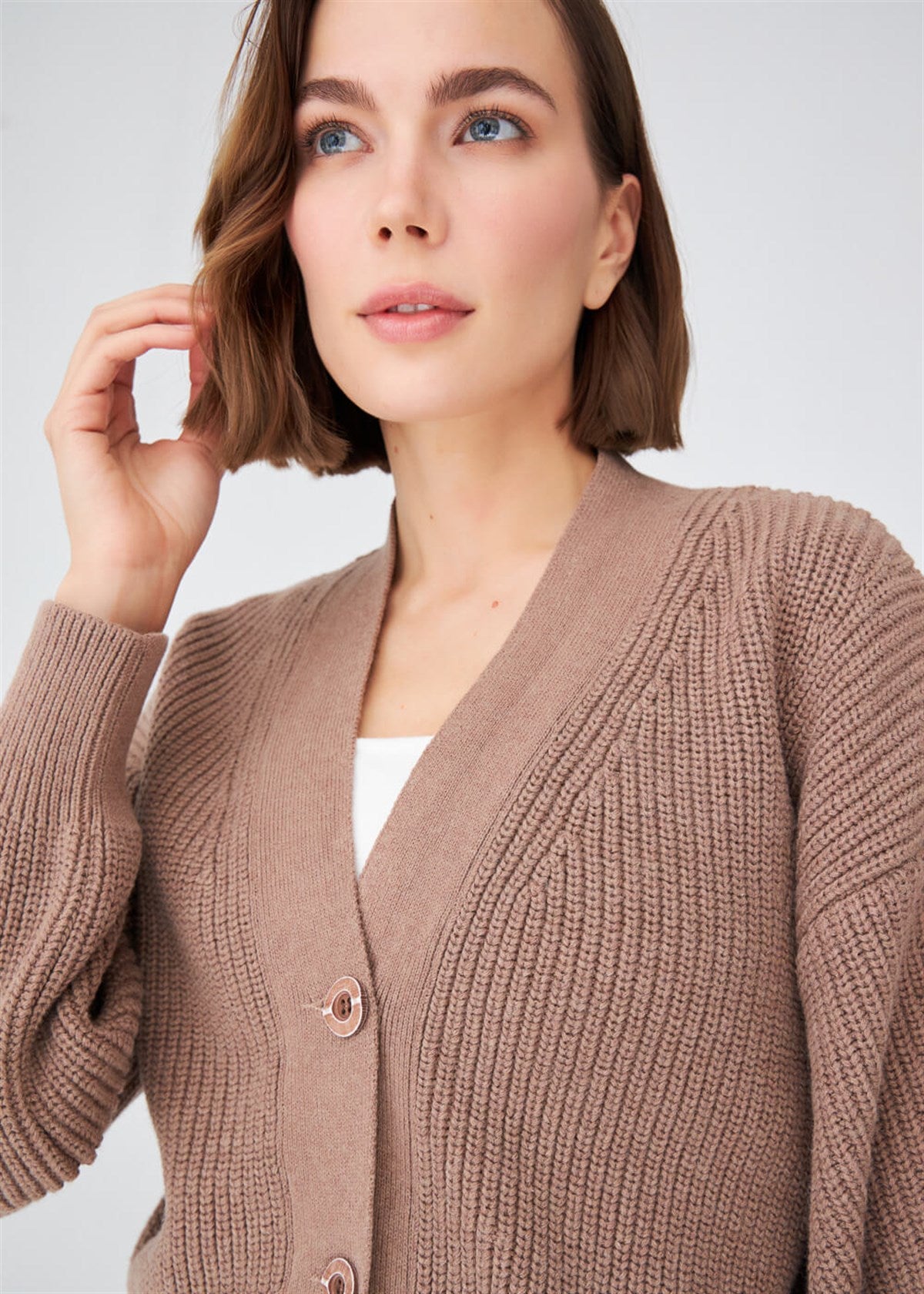 Peraluna Olivia Cardigan Selanik Örgü %100 Pamuk V Yaka Kadın Triko Hırka - Camel Melanj