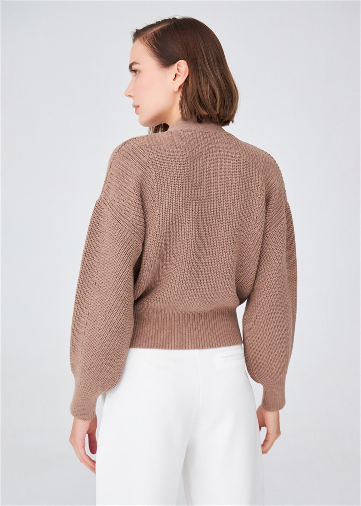 Peraluna Olivia Cardigan Selanik Örgü %100 Pamuk V Yaka Kadın Triko Hırka - Camel Melanj
