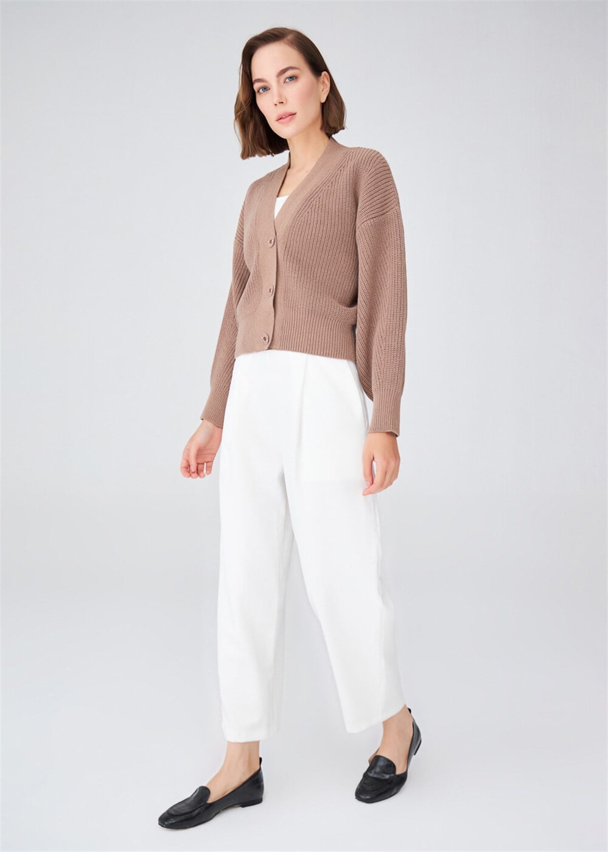 Peraluna Olivia Cardigan Selanik Örgü %100 Pamuk V Yaka Kadın Triko Hırka - Camel Melanj