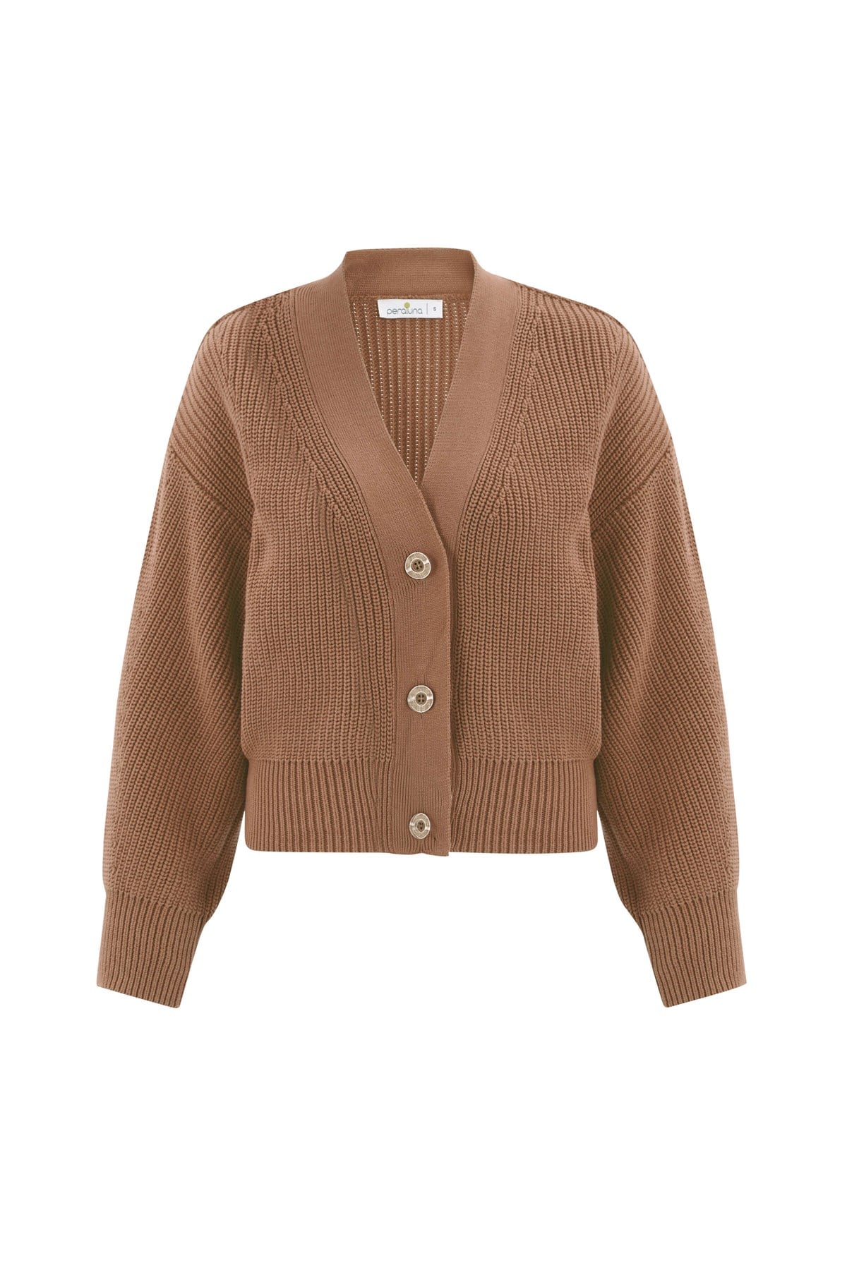 Peraluna Olivia Cardigan Selanik Örgü %100 Pamuk V Yaka Kadın Triko Hırka - Camel Melanj