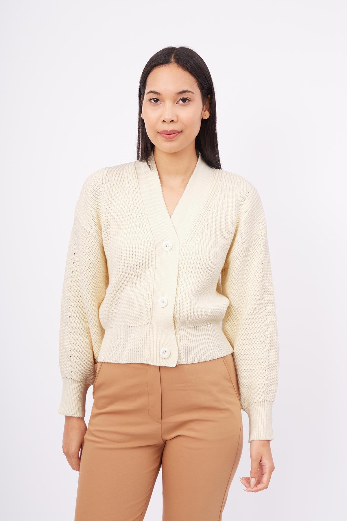 Peraluna-Olivia Cardigan Selanik Örgü %100 Pamuk V Yaka Kadın Triko Hırka Ekru-Kazak & Triko-2-Milagron.com