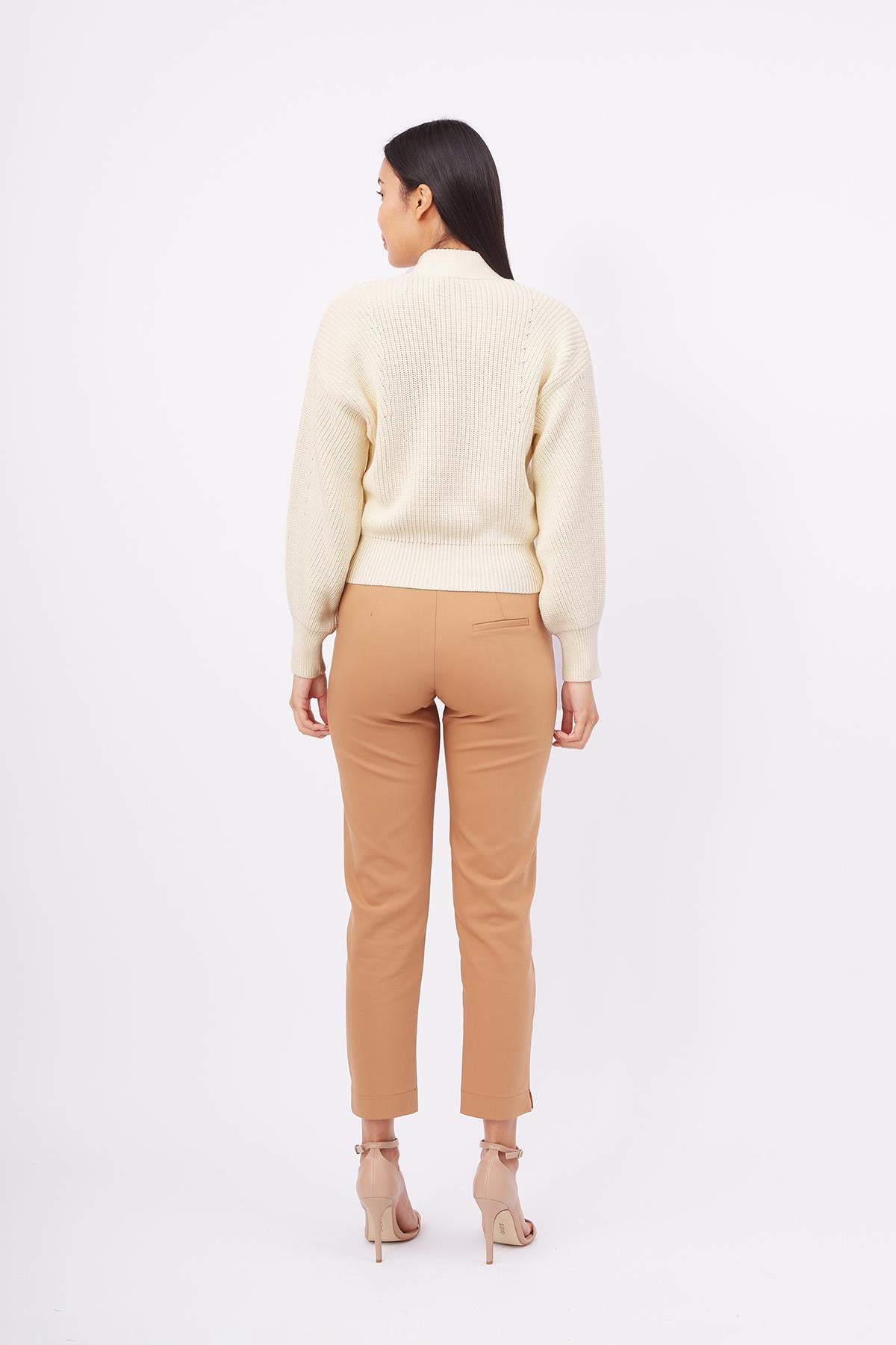 Peraluna-Olivia Cardigan Selanik Örgü %100 Pamuk V Yaka Kadın Triko Hırka Ekru-Kazak & Triko-7-Milagron.com