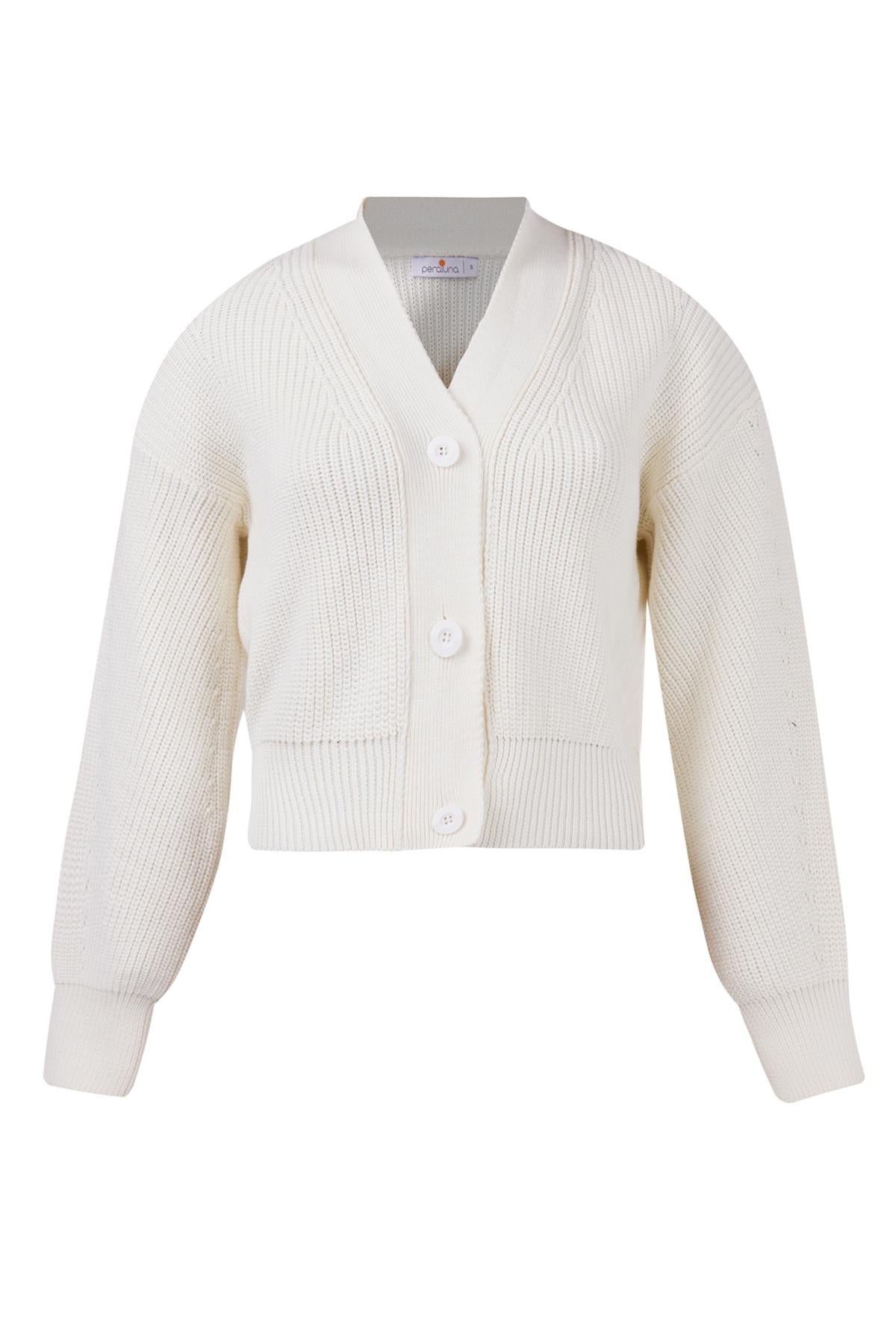 Peraluna-Olivia Cardigan Selanik Örgü %100 Pamuk V Yaka Kadın Triko Hırka Ekru-Kazak & Triko-8-Milagron.com