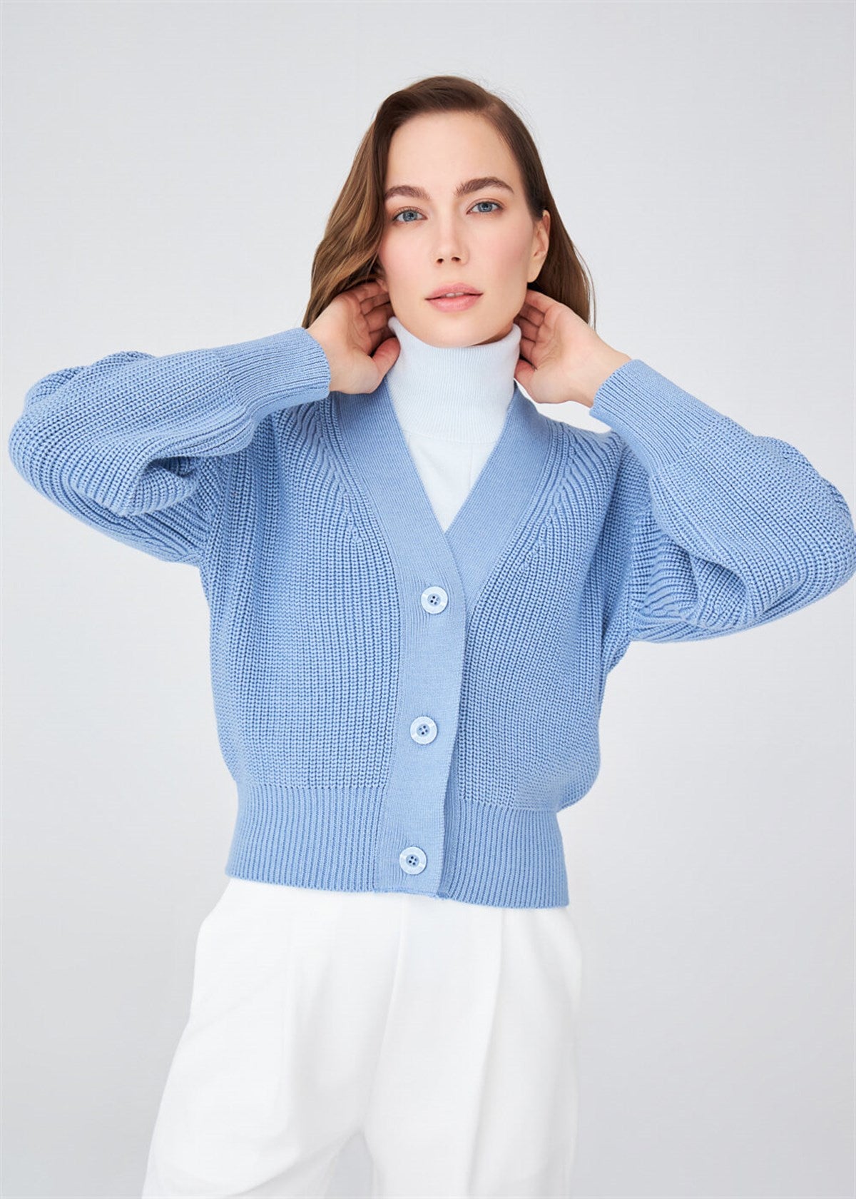 Peraluna Olivia Cardigan Selanik Örgü %100 Pamuk V Yaka Kadın Triko Hırka - Mavi