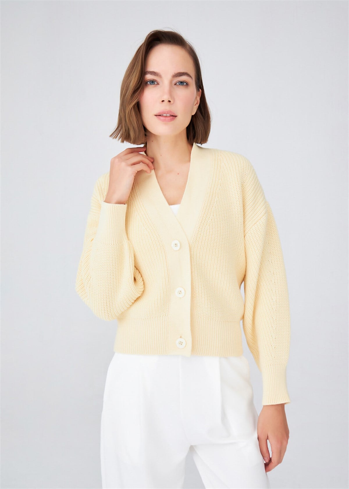 Peraluna Olivia Cardigan Selanik Örgü %100 Pamuk V Yaka Kadın Triko Hırka - Sarı