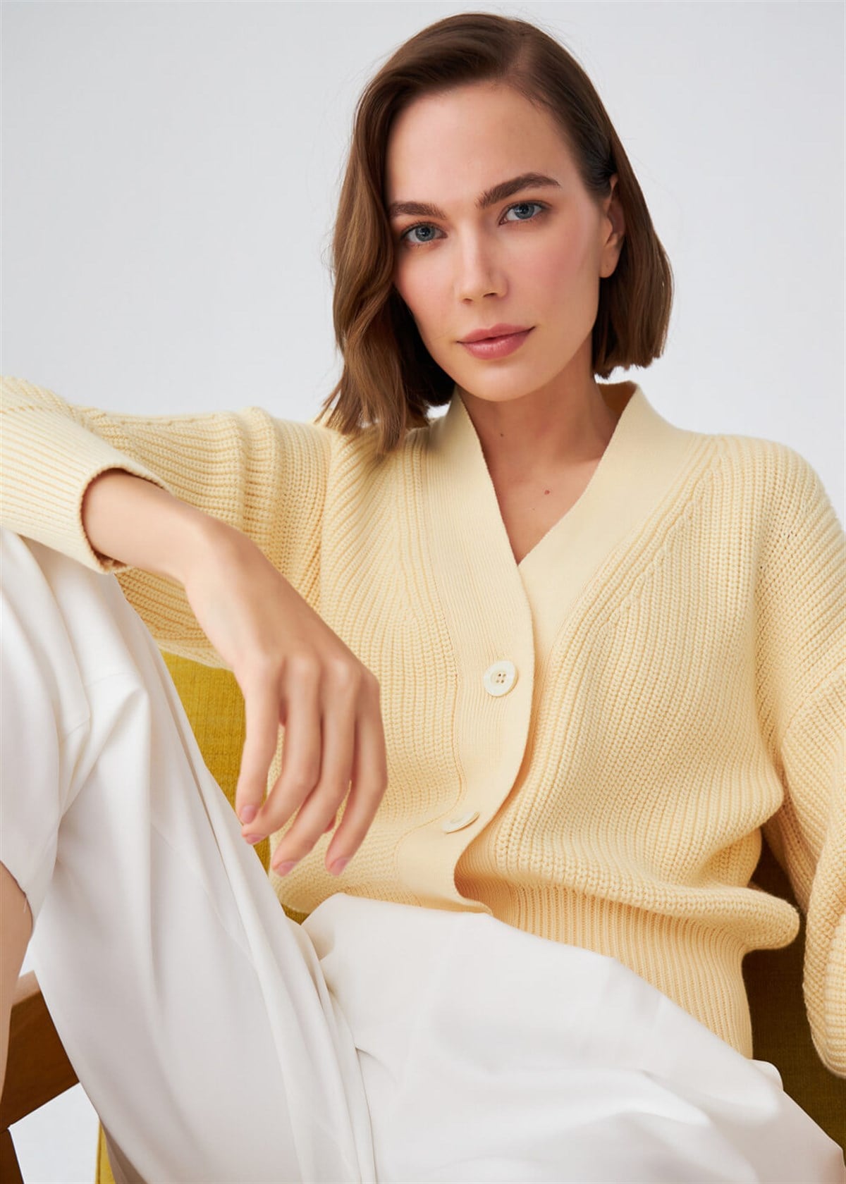 Peraluna Olivia Cardigan Selanik Örgü %100 Pamuk V Yaka Kadın Triko Hırka - Sarı