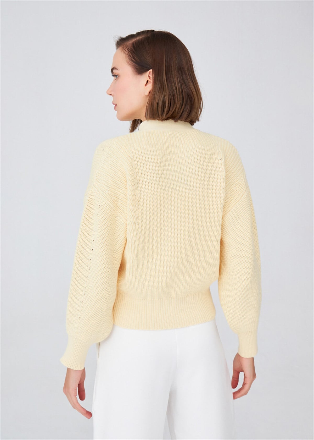 Peraluna Olivia Cardigan Selanik Örgü %100 Pamuk V Yaka Kadın Triko Hırka - Sarı
