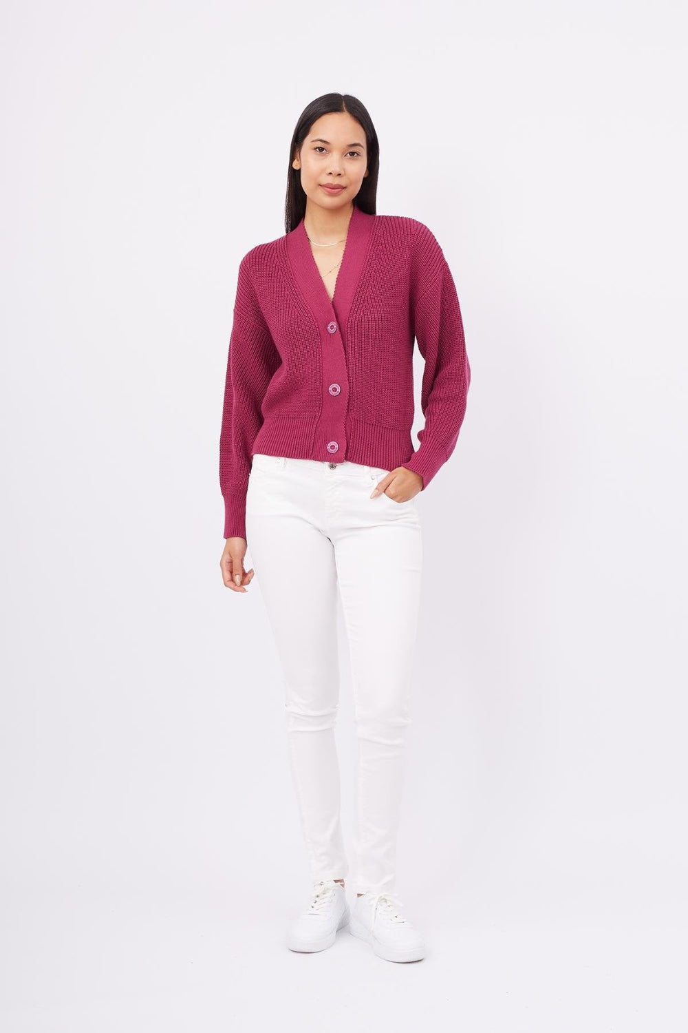 Peraluna-Olivia Cardigan Selanik Örgü %100 Pamuk V Yaka Kadın Triko Hırka Vişne-Kazak & Triko-1-Milagron.com