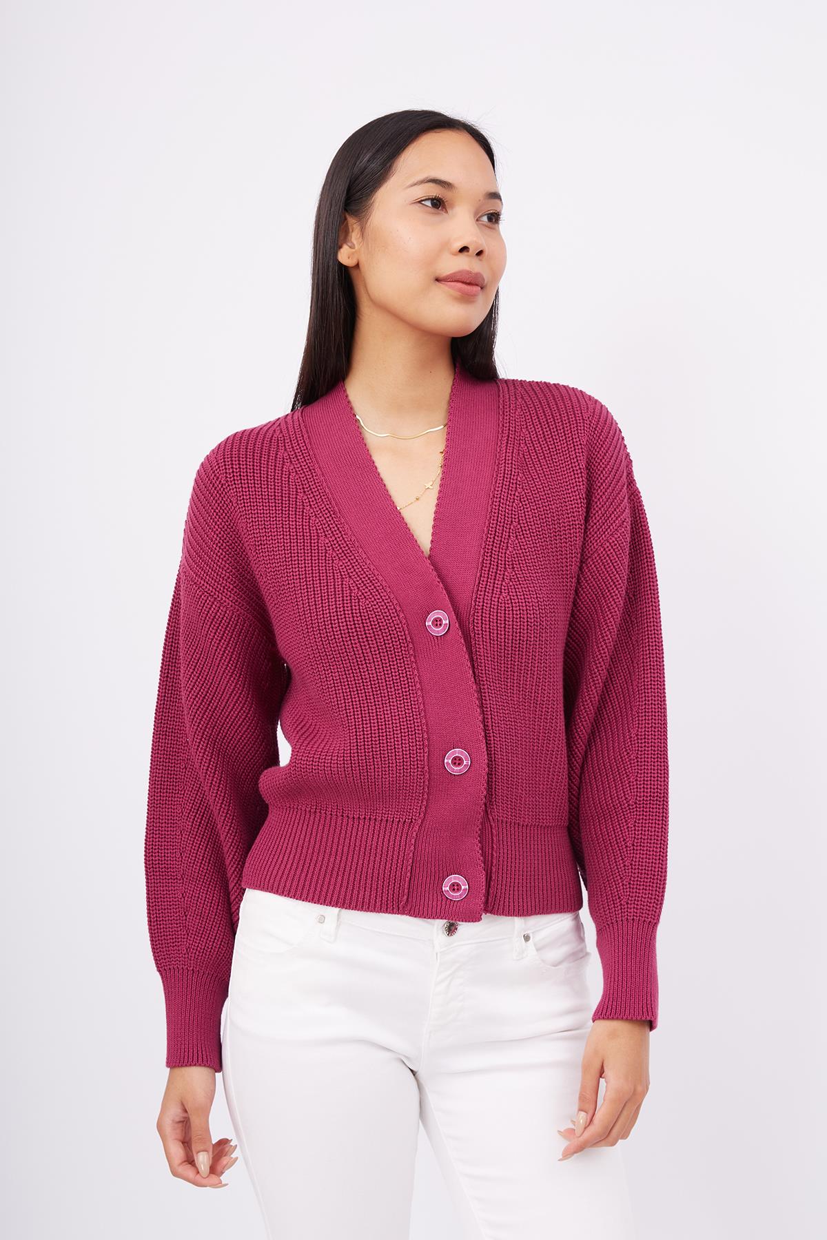 Peraluna-Olivia Cardigan Selanik Örgü %100 Pamuk V Yaka Kadın Triko Hırka Vişne-Kazak & Triko-5-Milagron.com