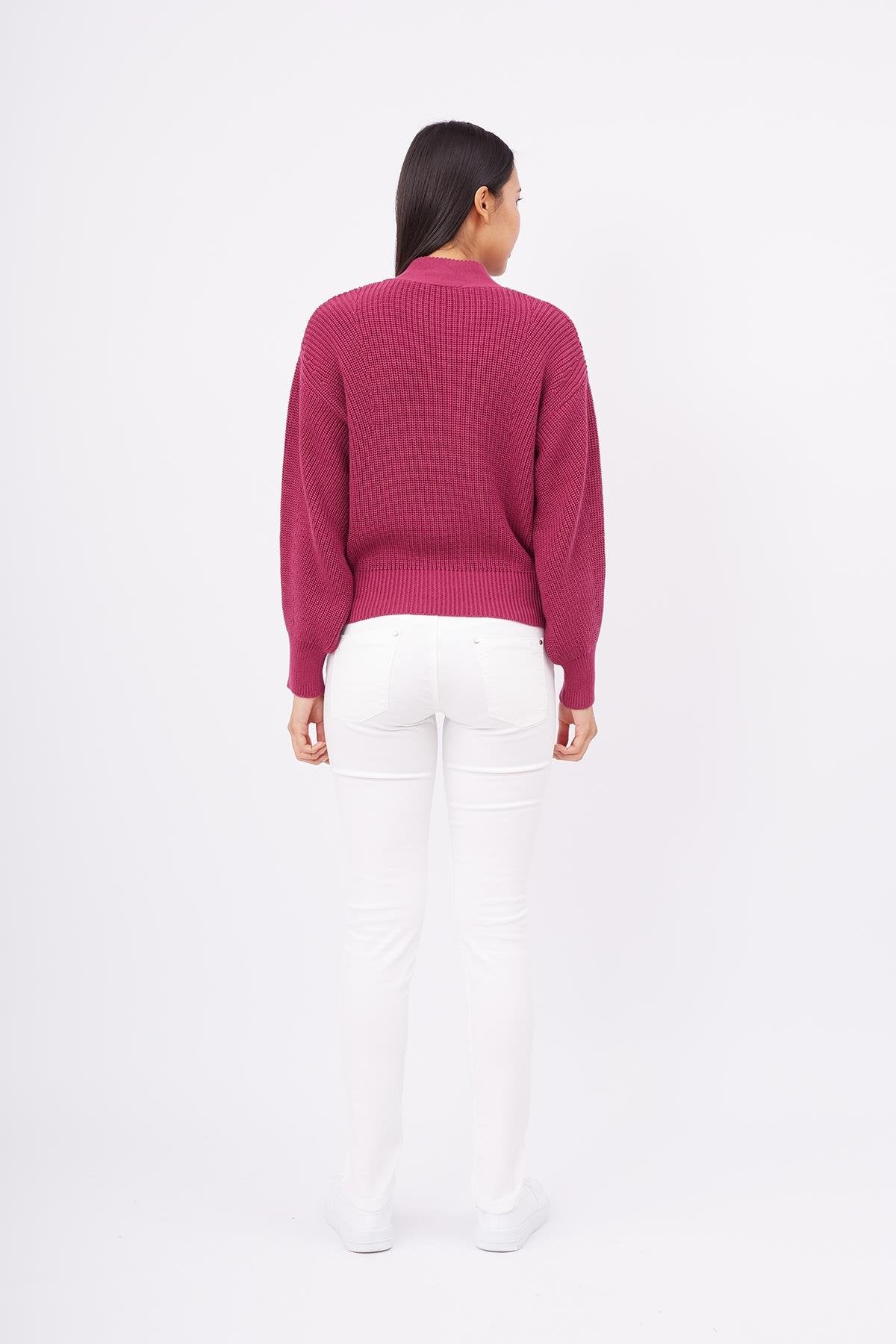 Peraluna-Olivia Cardigan Selanik Örgü %100 Pamuk V Yaka Kadın Triko Hırka Vişne-Kazak & Triko-7-Milagron.com