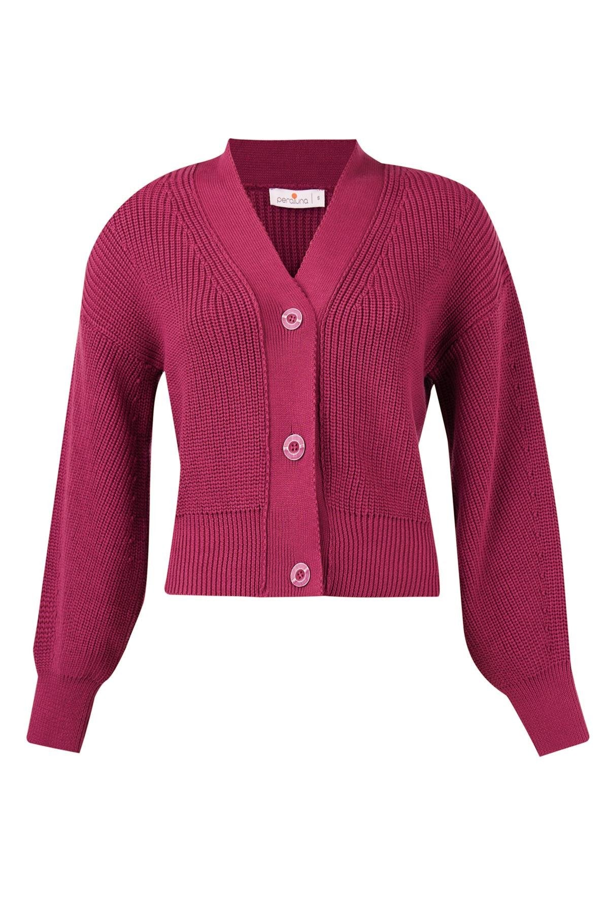 Peraluna-Olivia Cardigan Selanik Örgü %100 Pamuk V Yaka Kadın Triko Hırka Vişne-Kazak & Triko-8-Milagron.com