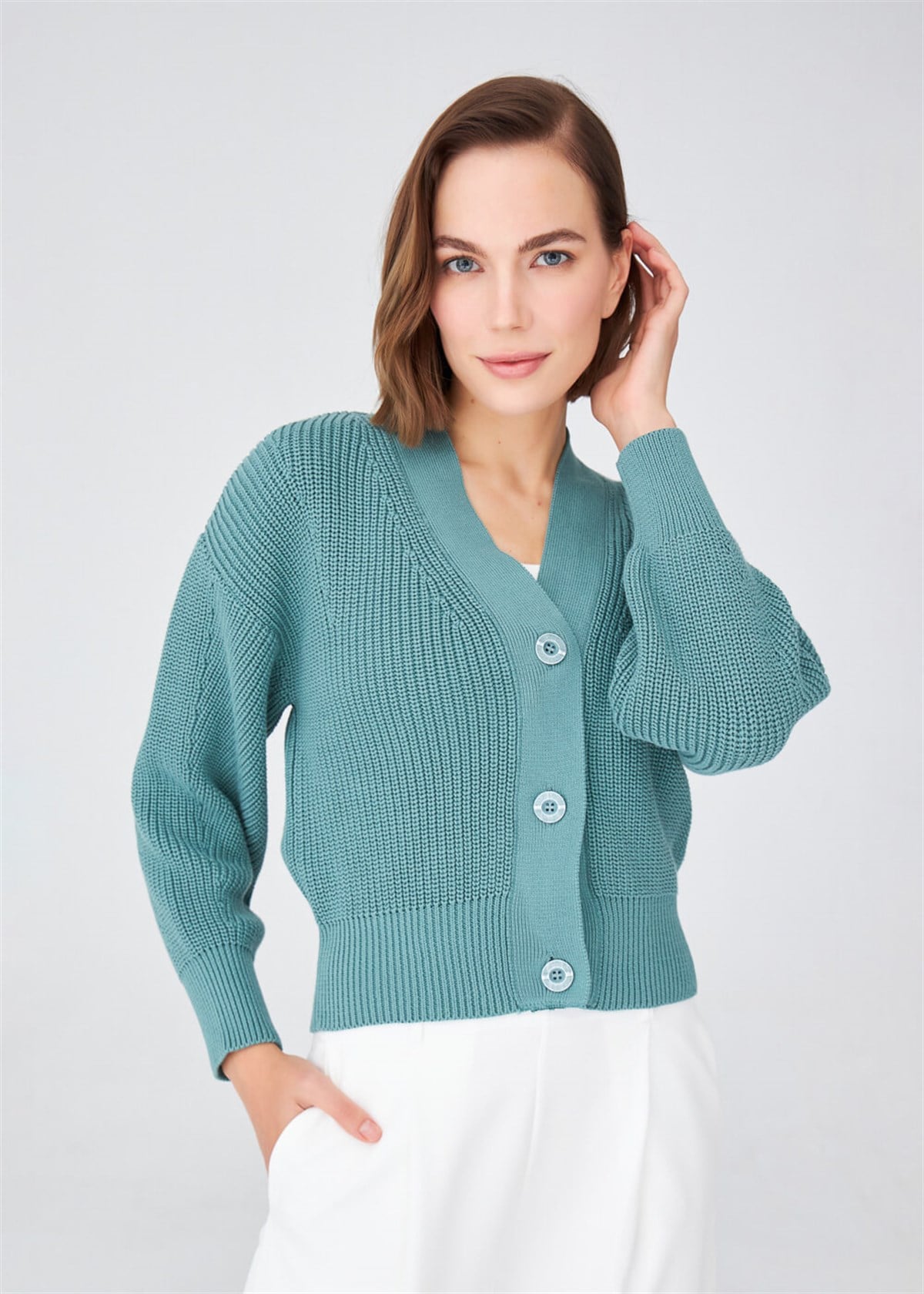 Peraluna Olivia Cardigan Selanik Örgü %100 Pamuk V Yaka Kadın Triko Hırka - Yeşil