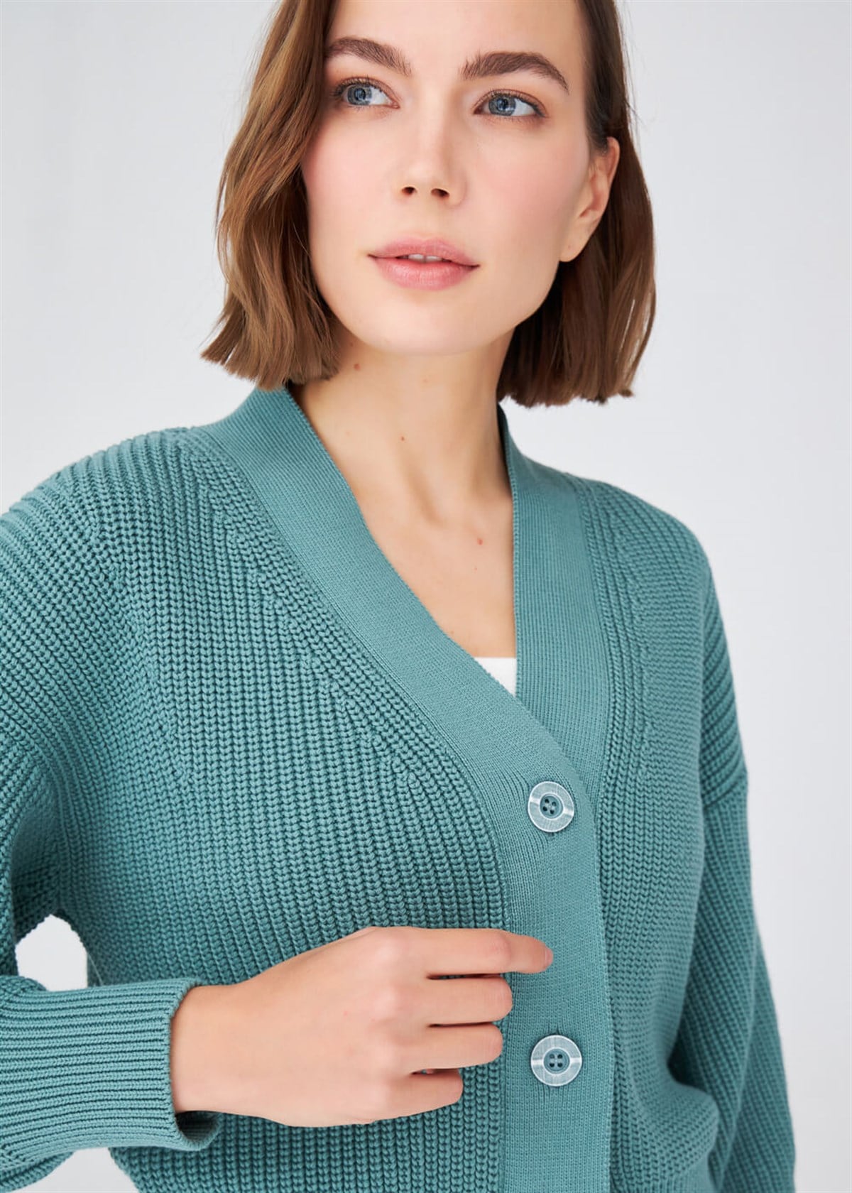 Peraluna Olivia Cardigan Selanik Örgü %100 Pamuk V Yaka Kadın Triko Hırka - Yeşil