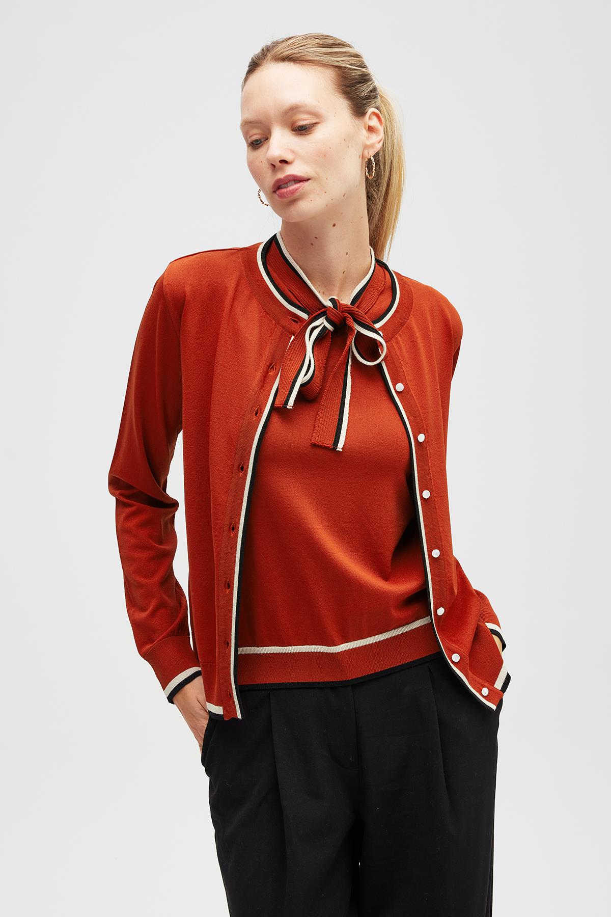 Peraluna-Paris, çizgi Detaylı Kadın Triko Hırka Kiremit-Hırka-4-Milagron.com