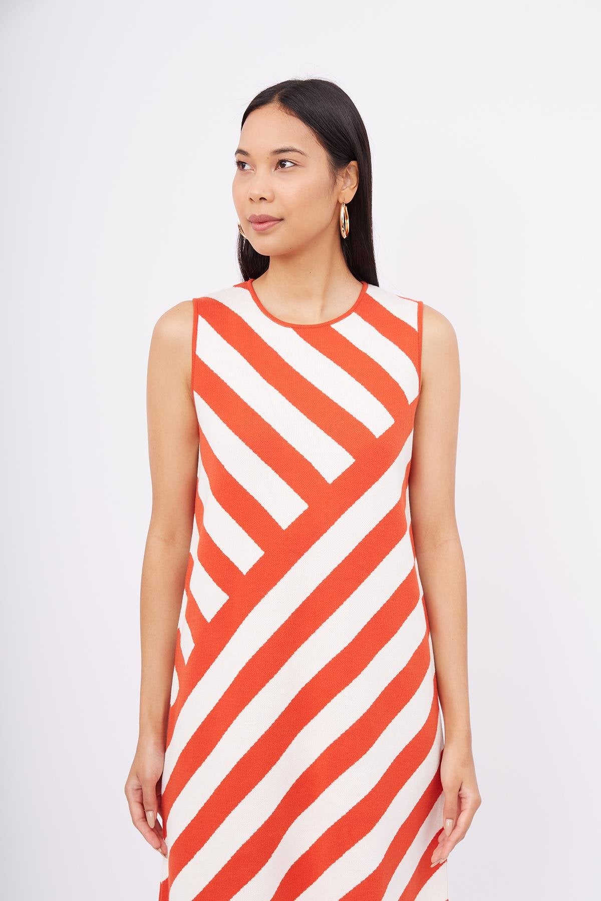 Peraluna-Paula Dress Çizgili Organik Pamuklu A Form Kadın Elbise Kırmızı/Beyaz-Elbise-2-Milagron.com