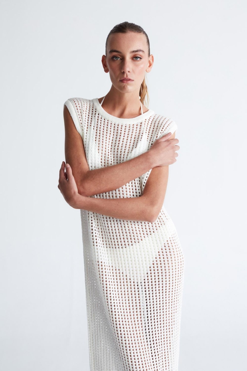 Peraluna-Pearl Dress Ajurlu Bisiklet Yaka Uzun Kadın Triko Elbise-Elbise-6-Milagron.com