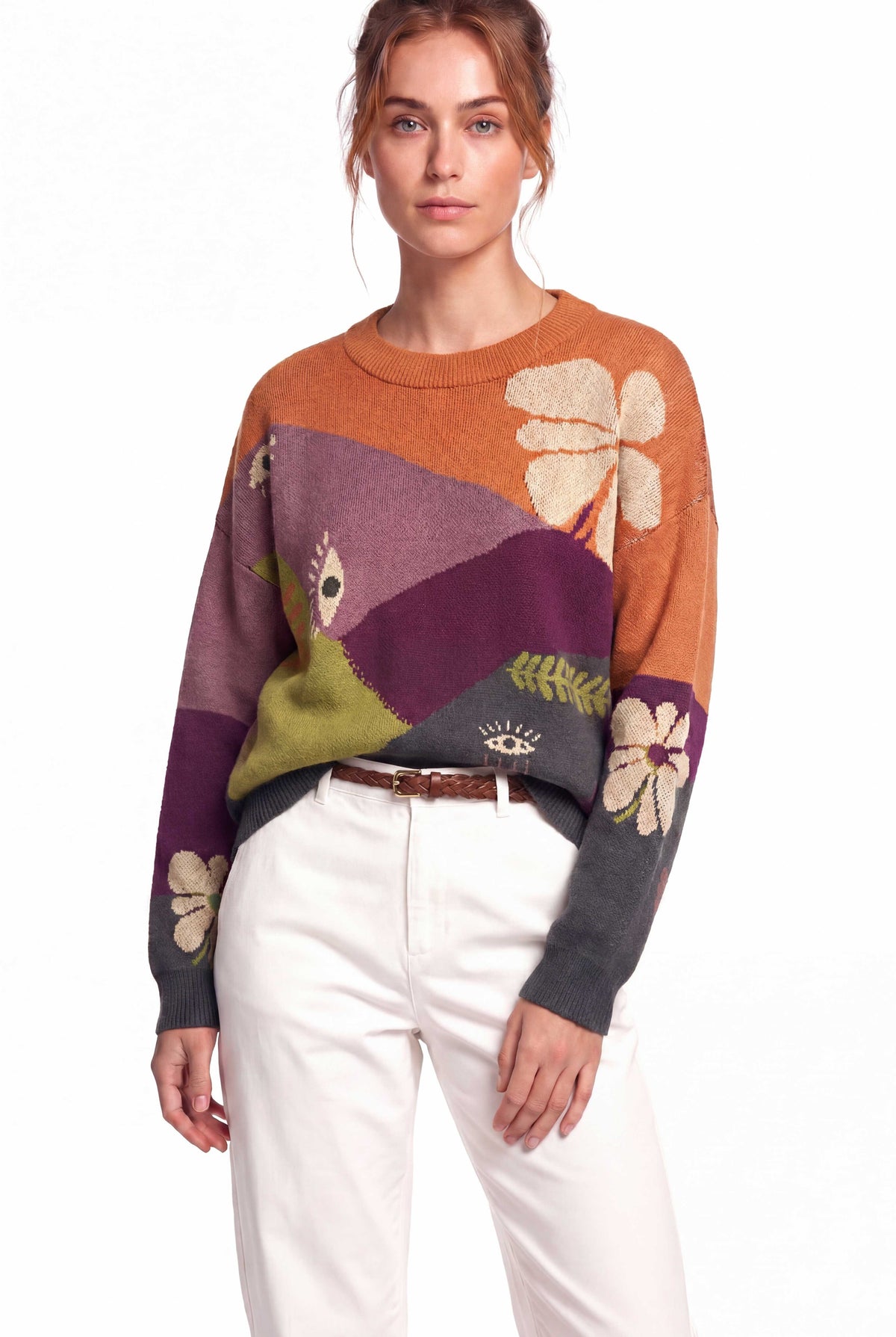 Peraluna-Peraluna Charlotte Pullover Bisiklet Yaka Göz Desen Çok Renkli Organik Pamuk Kadın Triko Kazak - Kiremit Multi-Kazak & Triko-1-Milagron.com