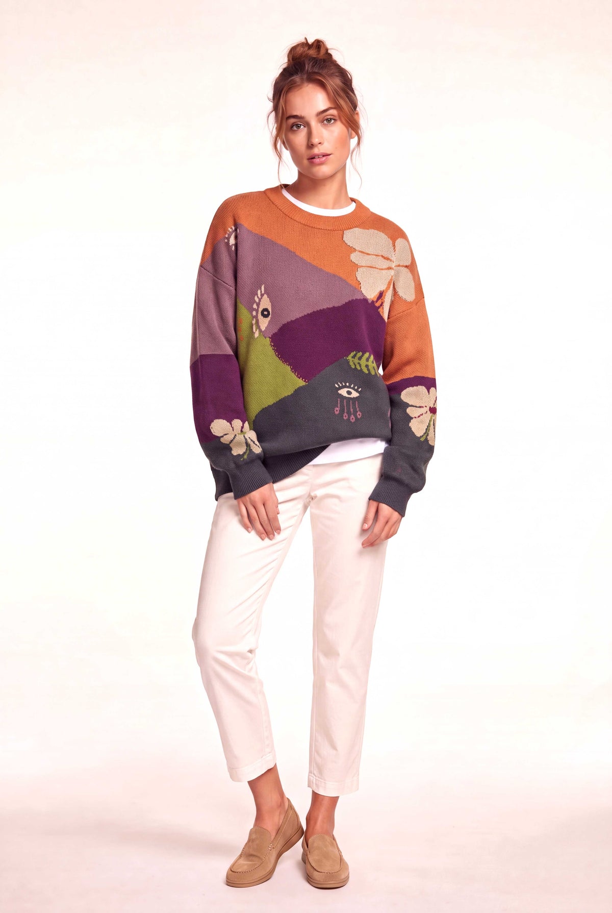 Peraluna-Peraluna Charlotte Pullover Bisiklet Yaka Göz Desen Çok Renkli Organik Pamuk Kadın Triko Kazak - Kiremit Multi-Kazak & Triko-2-Milagron.com