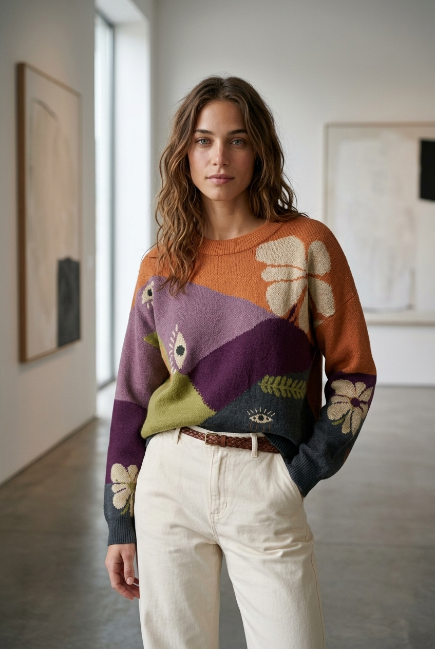 Peraluna-Peraluna Charlotte Pullover Bisiklet Yaka Göz Desen Çok Renkli Organik Pamuk Kadın Triko Kazak - Kiremit Multi-Kazak & Triko-5-Milagron.com