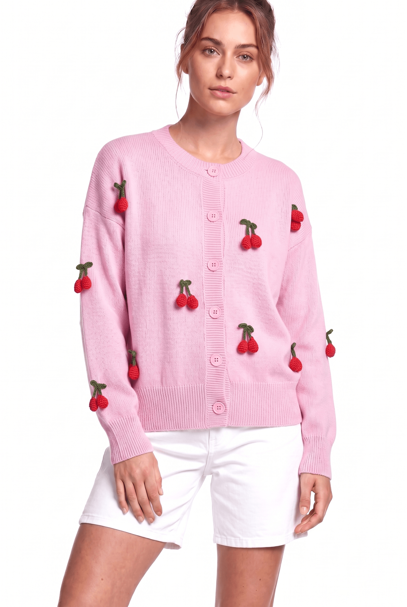 Peraluna Cherry Cardigan Organik Pamuk Kadın Hırka - Pembe