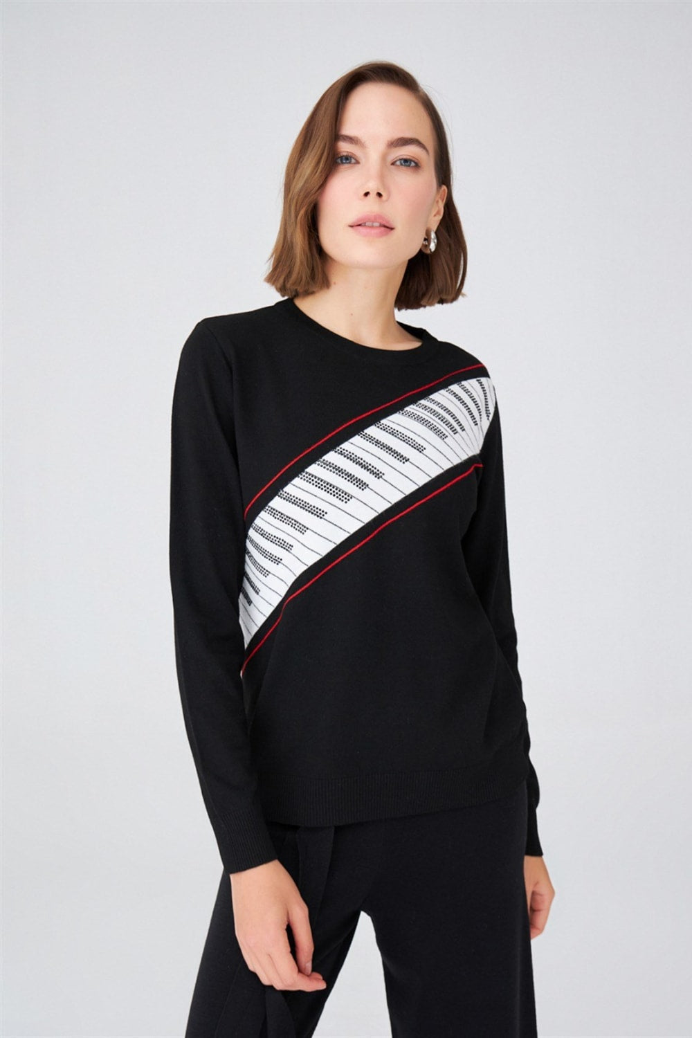 Peraluna-Piyano Desenli Bisiklet Yaka İnce Kadın Triko Kazak-Kazak & Triko-5-Milagron.com