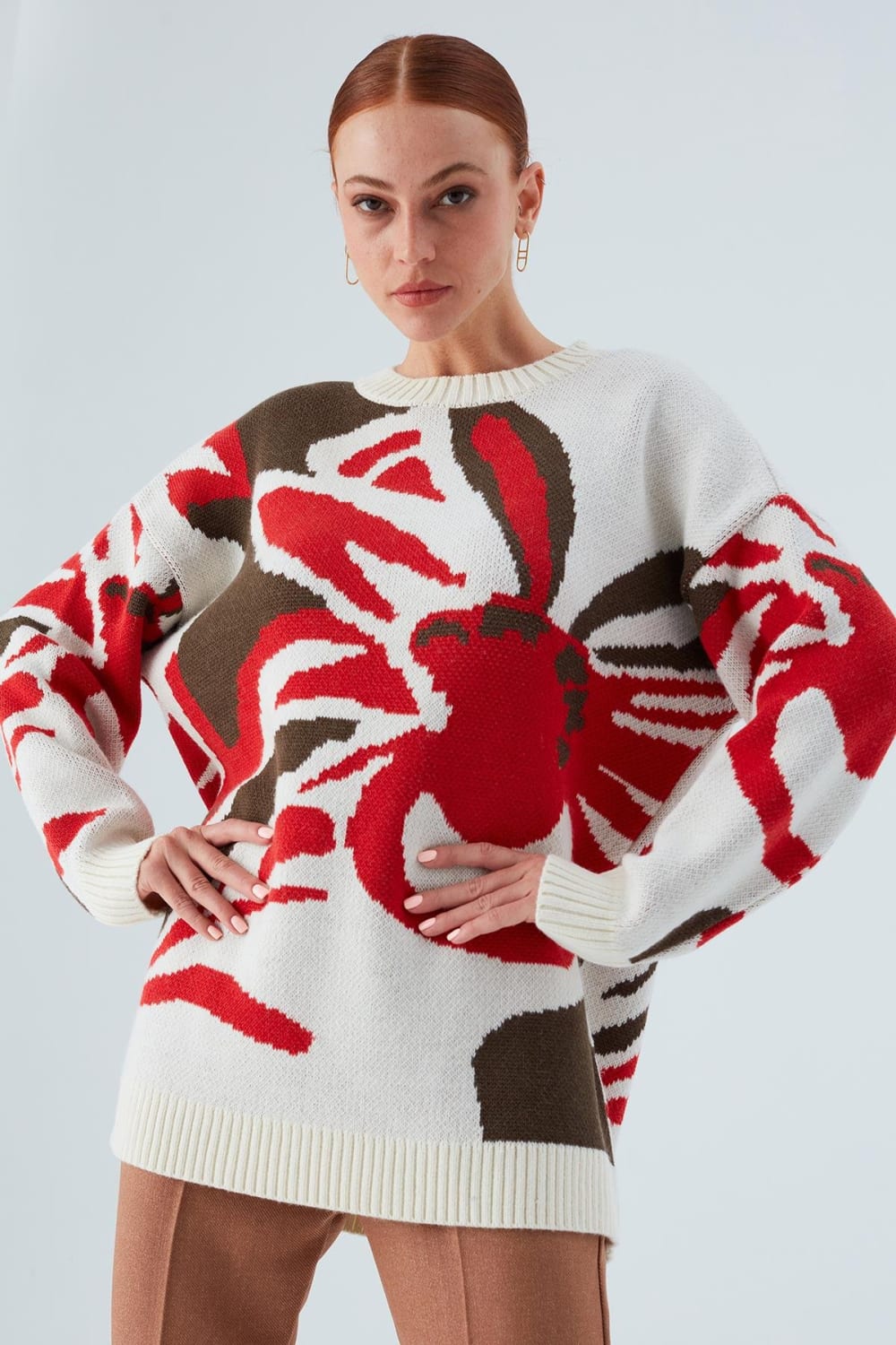 Peraluna-Polina Pullover Çiçek Desenli Uzun Kadın Triko Kazak-Kazak & Triko-1-Milagron.com