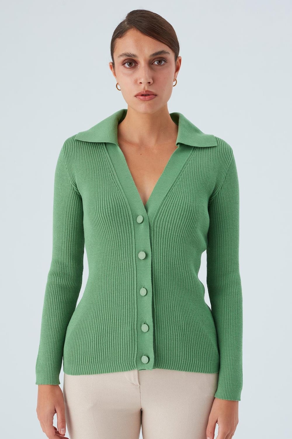 Peraluna-Polo V Yaka Ribana Örgü Fit Kesim Kadın Triko Hırka -Kazak & Triko-1-Milagron.com