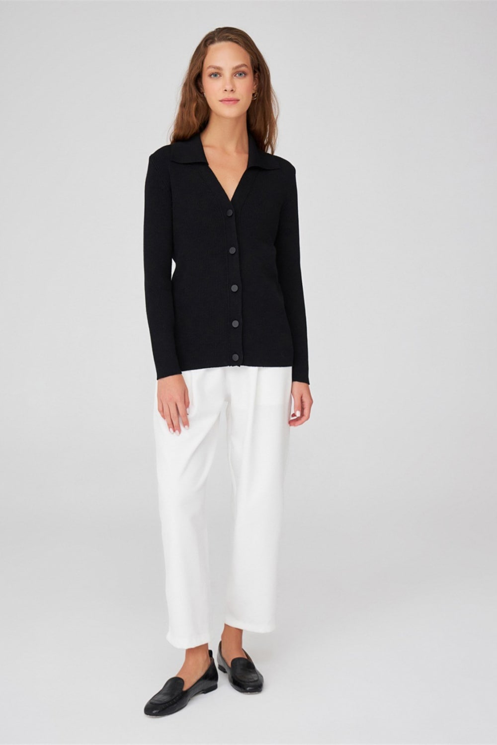 Peraluna-Polo V Yaka Ribana Örgü Fit Kesim Kadın Triko Hırka -Kazak & Triko-11-Milagron.com