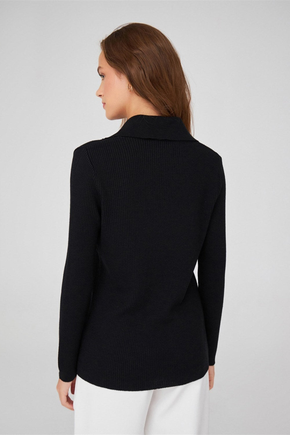 Peraluna-Polo V Yaka Ribana Örgü Fit Kesim Kadın Triko Hırka -Kazak & Triko-14-Milagron.com