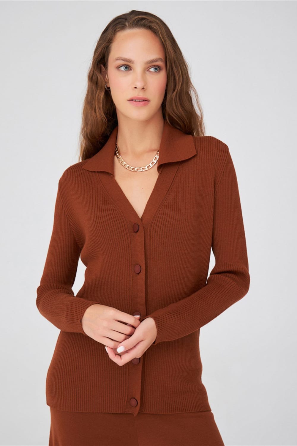 Peraluna-Polo V Yaka Ribana Örgü Fit Kesim Kadın Triko Hırka -Kazak & Triko-16-Milagron.com