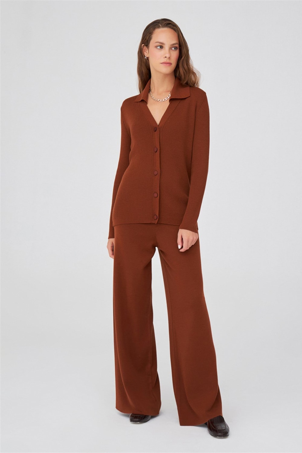 Peraluna-Polo V Yaka Ribana Örgü Fit Kesim Kadın Triko Hırka -Kazak & Triko-17-Milagron.com