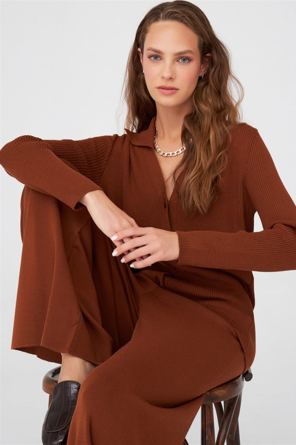 Peraluna-Polo V Yaka Ribana Örgü Fit Kesim Kadın Triko Hırka -Kazak & Triko-19-Milagron.com