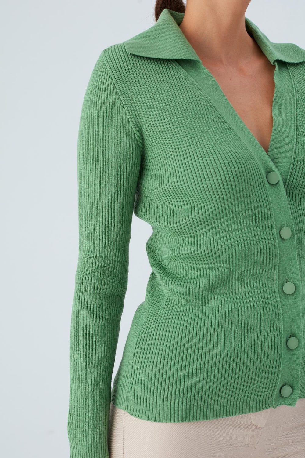 Peraluna-Polo V Yaka Ribana Örgü Fit Kesim Kadın Triko Hırka -Kazak & Triko-2-Milagron.com