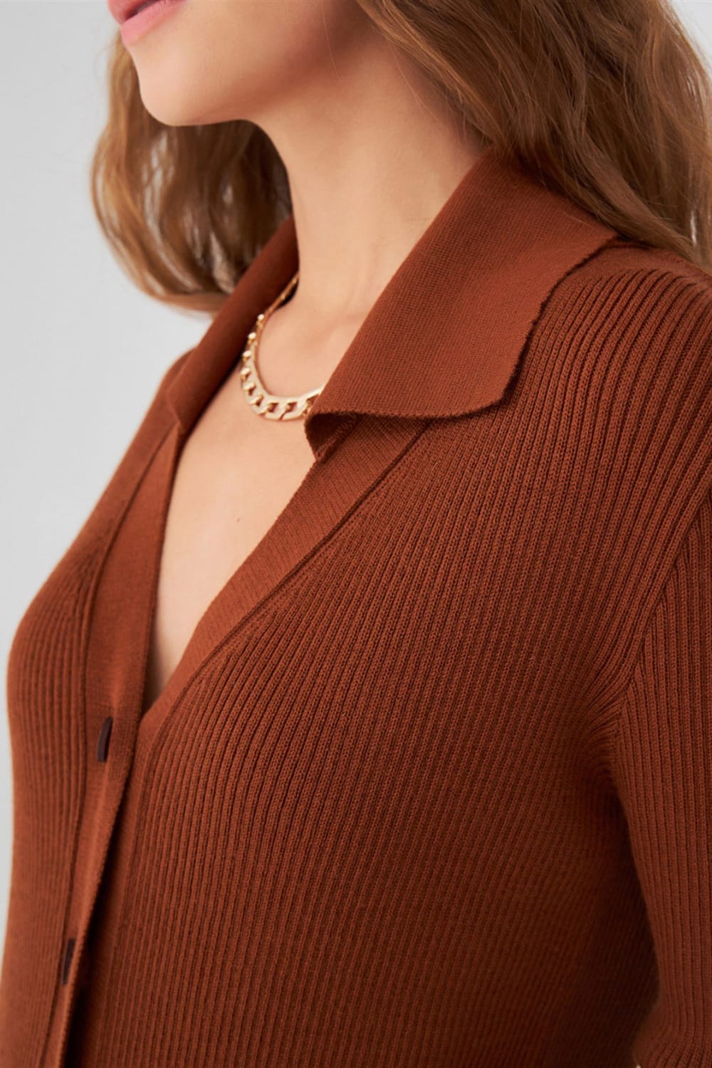 Peraluna-Polo V Yaka Ribana Örgü Fit Kesim Kadın Triko Hırka -Kazak & Triko-20-Milagron.com