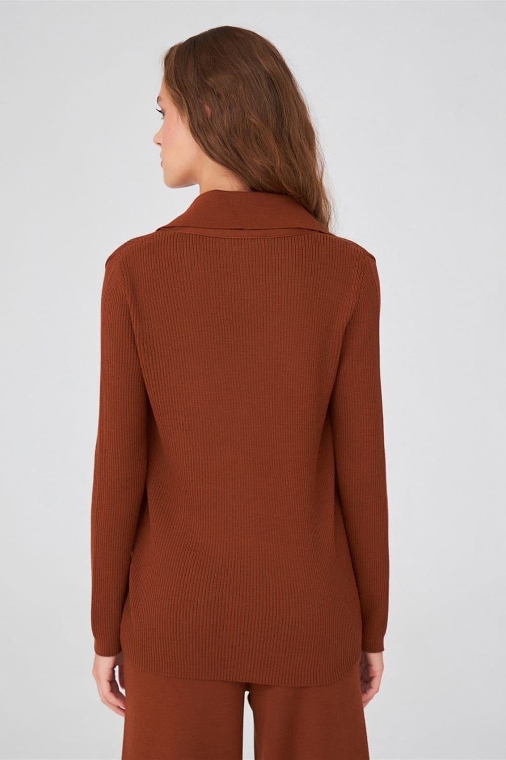 Peraluna-Polo V Yaka Ribana Örgü Fit Kesim Kadın Triko Hırka -Kazak & Triko-21-Milagron.com