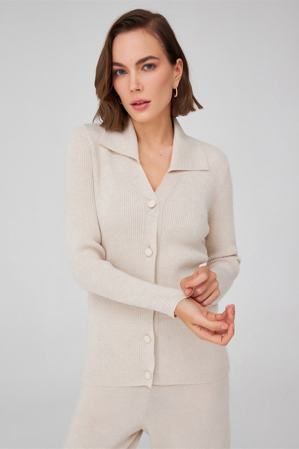 Peraluna-Polo V Yaka Ribana Örgü Fit Kesim Kadın Triko Hırka -Kazak & Triko-30-Milagron.com