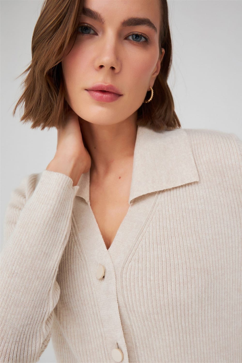 Peraluna-Polo V Yaka Ribana Örgü Fit Kesim Kadın Triko Hırka -Kazak & Triko-31-Milagron.com