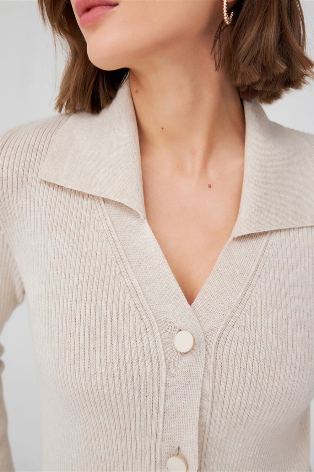 Peraluna-Polo V Yaka Ribana Örgü Fit Kesim Kadın Triko Hırka -Kazak & Triko-32-Milagron.com