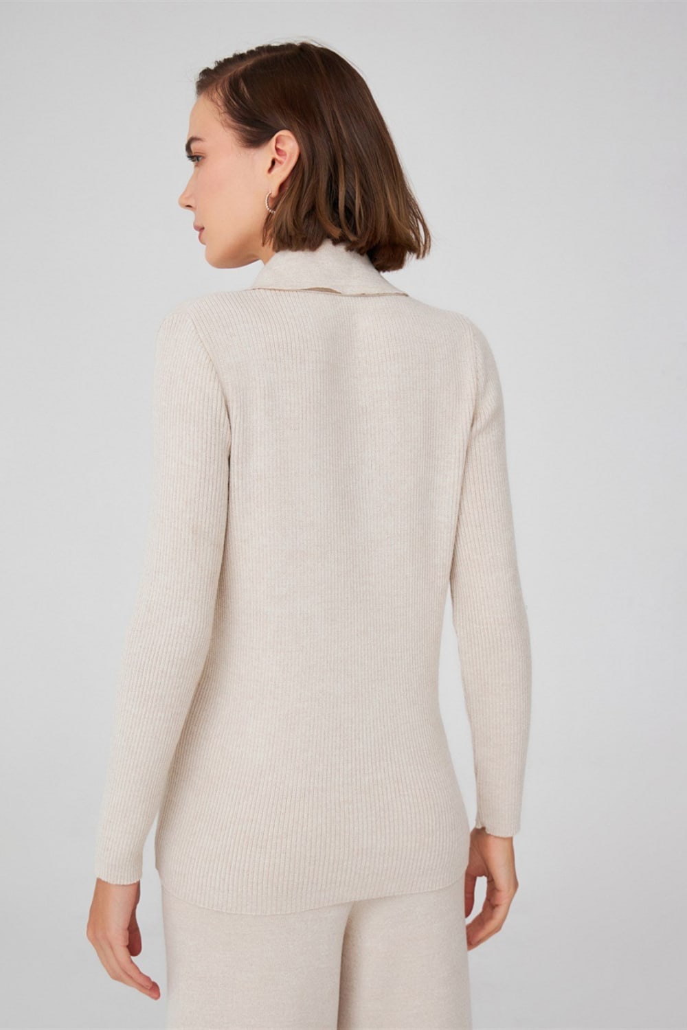 Peraluna-Polo V Yaka Ribana Örgü Fit Kesim Kadın Triko Hırka -Kazak & Triko-33-Milagron.com