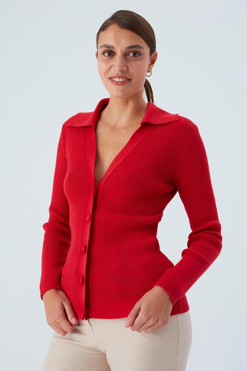 Peraluna-Polo V Yaka Ribana Örgü Fit Kesim Kadın Triko Hırka -Kazak & Triko-35-Milagron.com