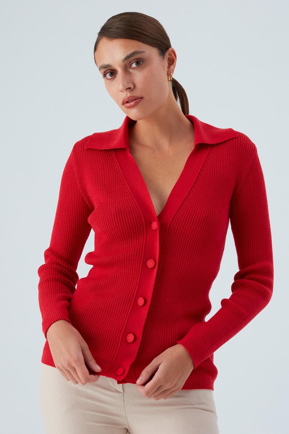 Peraluna-Polo V Yaka Ribana Örgü Fit Kesim Kadın Triko Hırka -Kazak & Triko-37-Milagron.com